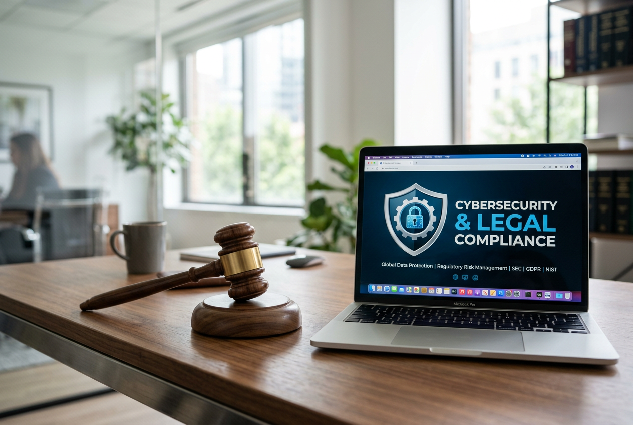 A professional legal workspace with a gavel and a modern laptop displaying security icons.
